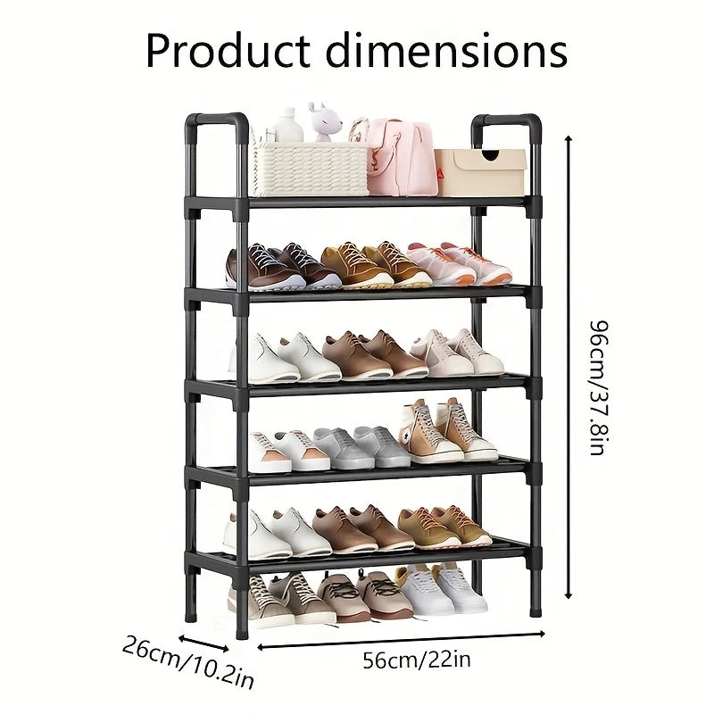 Five-tier black shoe rack with multiple shoes and accessories, shown with width and height measurements