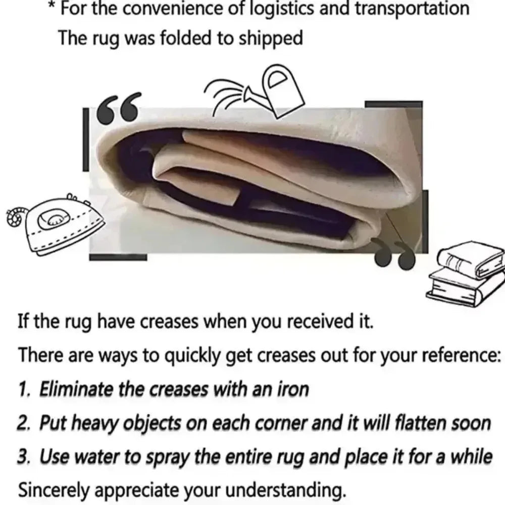 Folded rug with instructions for removing creases after shipment