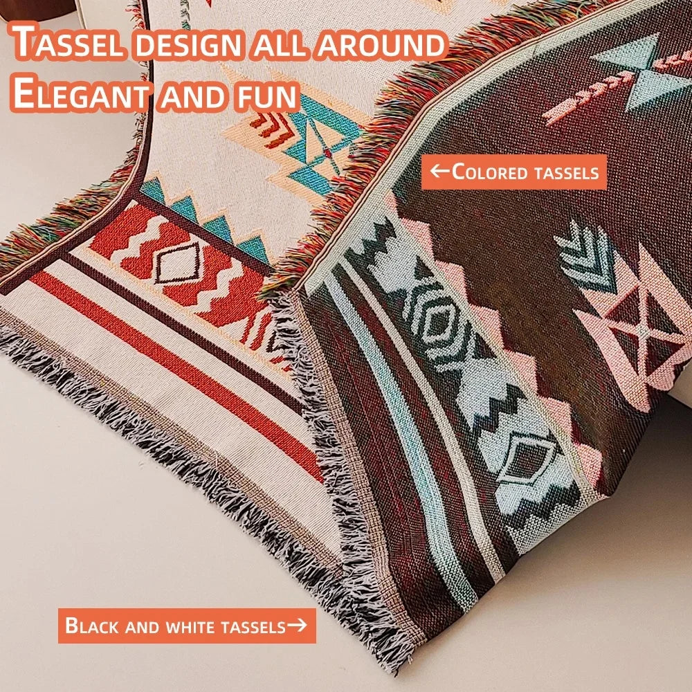 Oversized Geometric Fringe Throw Blanket for Sofa, Bed & Outdoor Picnics