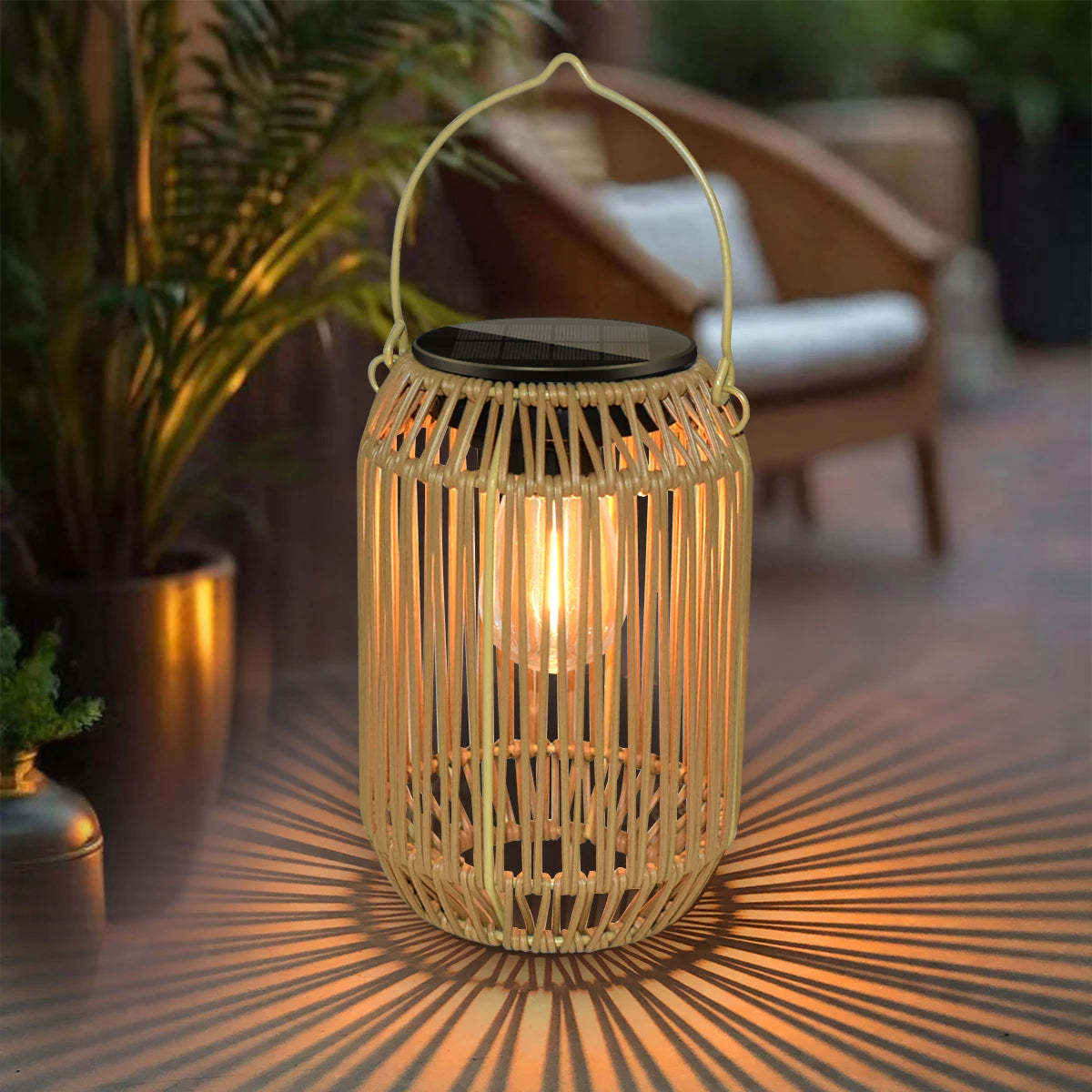 Solar rattan lantern with warm LED light glowing on a patio table near outdoor seating