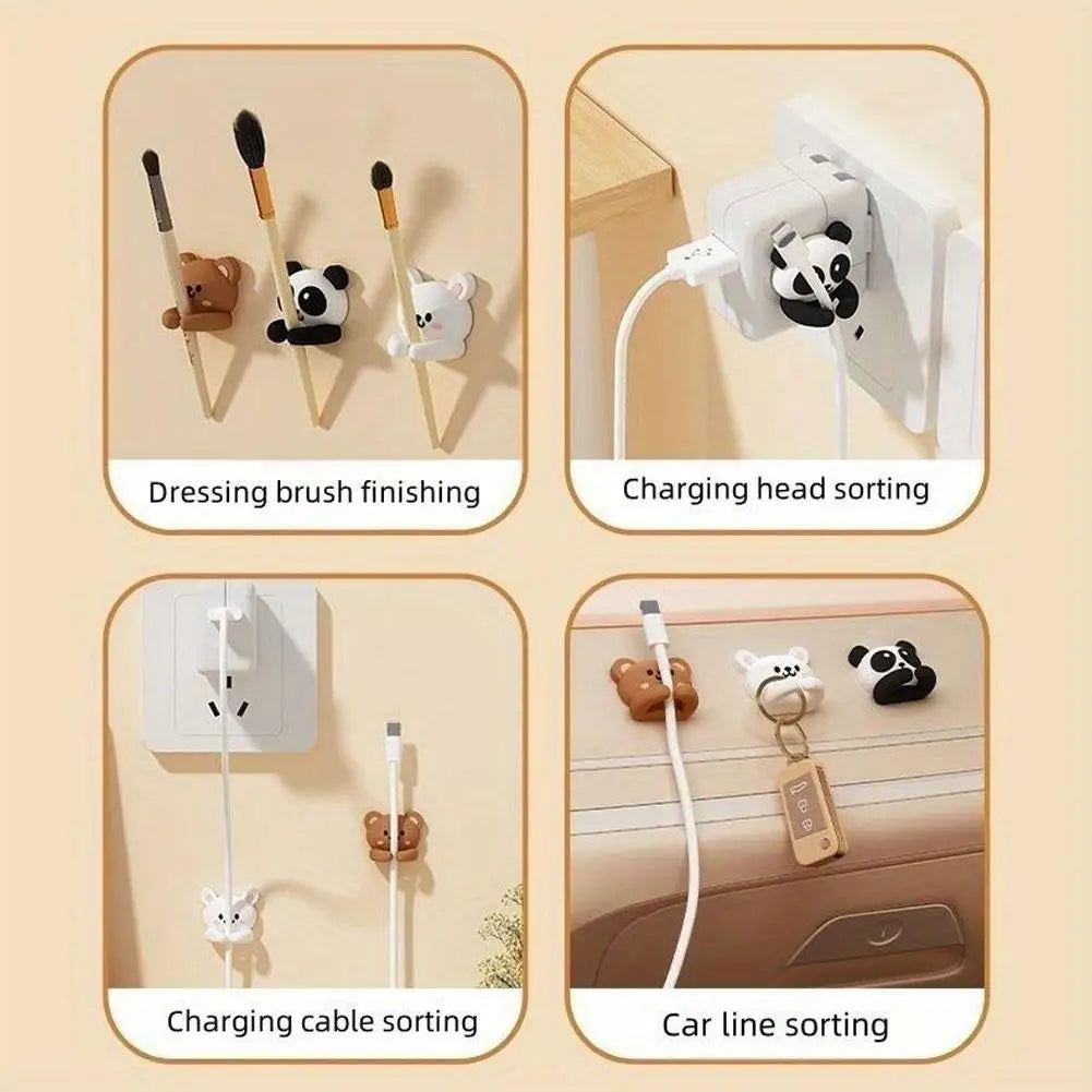 Collage showing animal cable clips used for brushes, charging cords, and car keys in various home locations