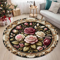 vintage round floral rug with ornate frame and multi-colored rose pattern in a living room setting