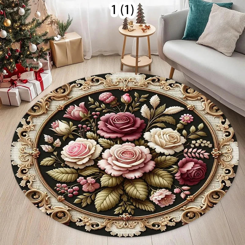 vintage round floral rug with ornate frame and multi-colored rose pattern in a living room setting