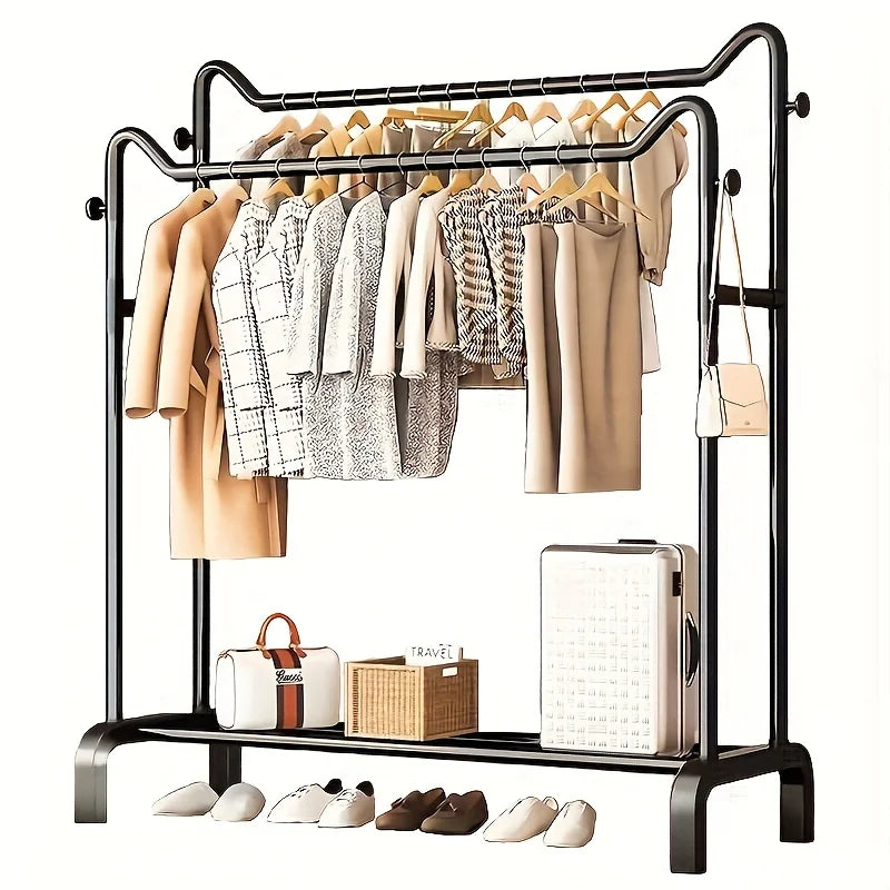 Black twin bar metal clothes rack with two hanging rails and lower shelf for shoes and storage, isolated on white background