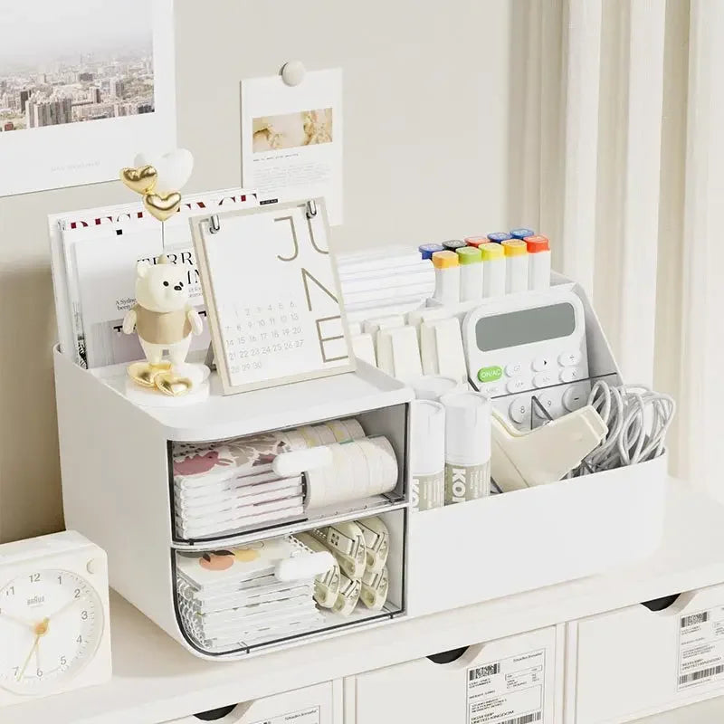 Beige desk organizer box on shelf, displaying tidy arrangement of stationery and calendar
