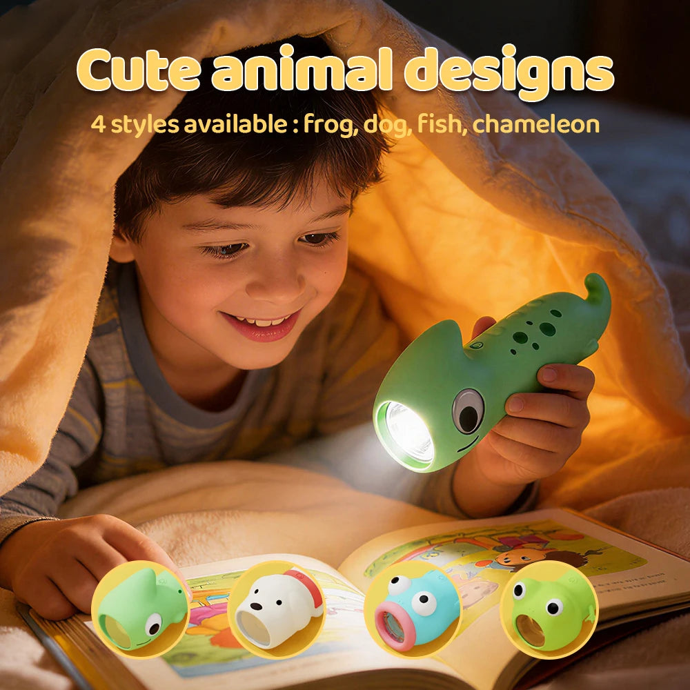 Child reading under blanket with chameleon animal flashlight and close-up of available animal designs