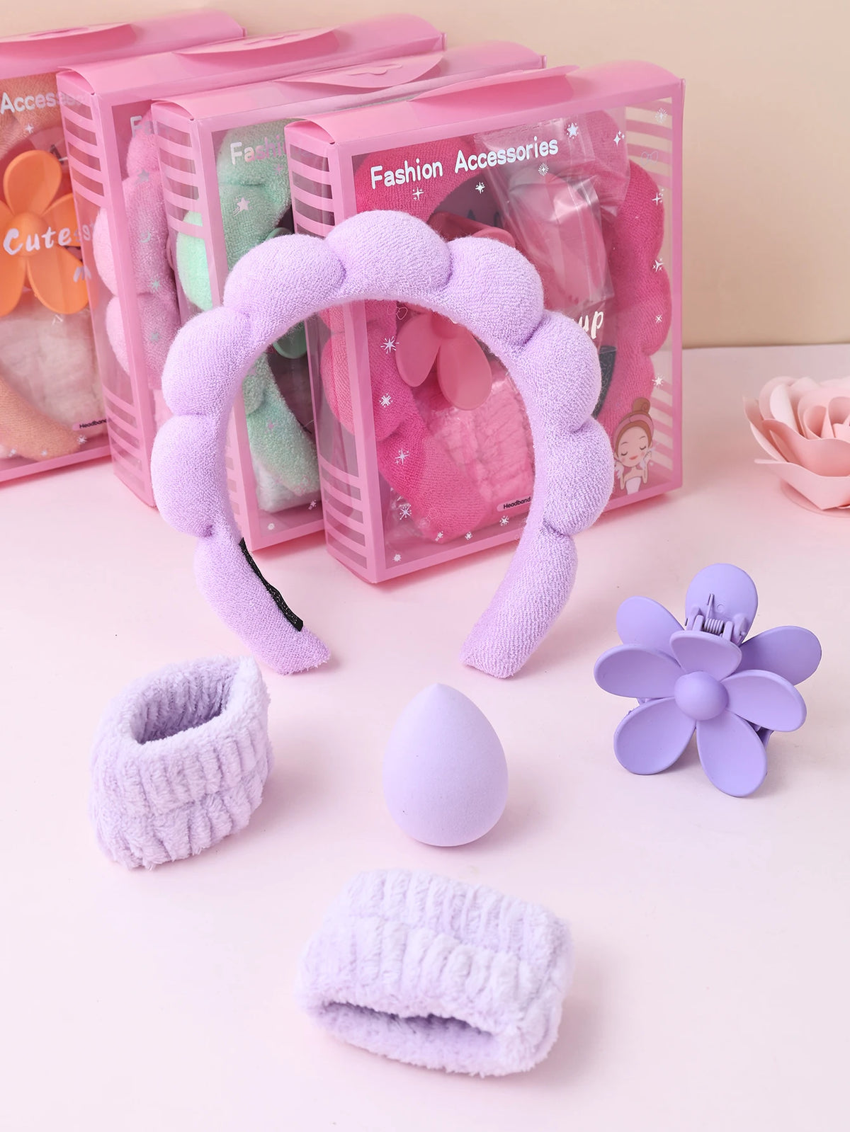 Fresh Bloom Spa Headband and Wristband Gift Set with Flower Hair Claw Clip – Soft Polyester, Multiple Colors