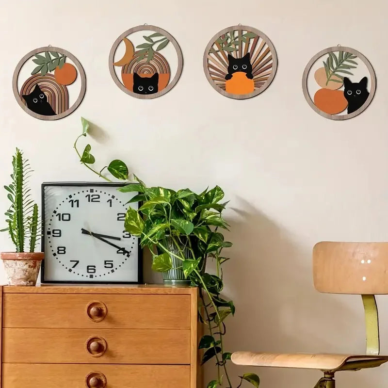 Juniper Boho Cat Wooden Wall Art – Set of 4 Round Hangings