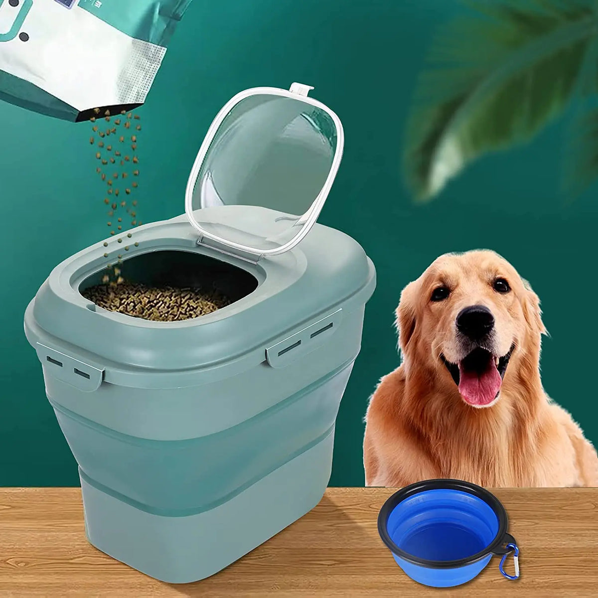 Green expandable pet food storage container with flip lid, pet food pouring in, and golden retriever in background
