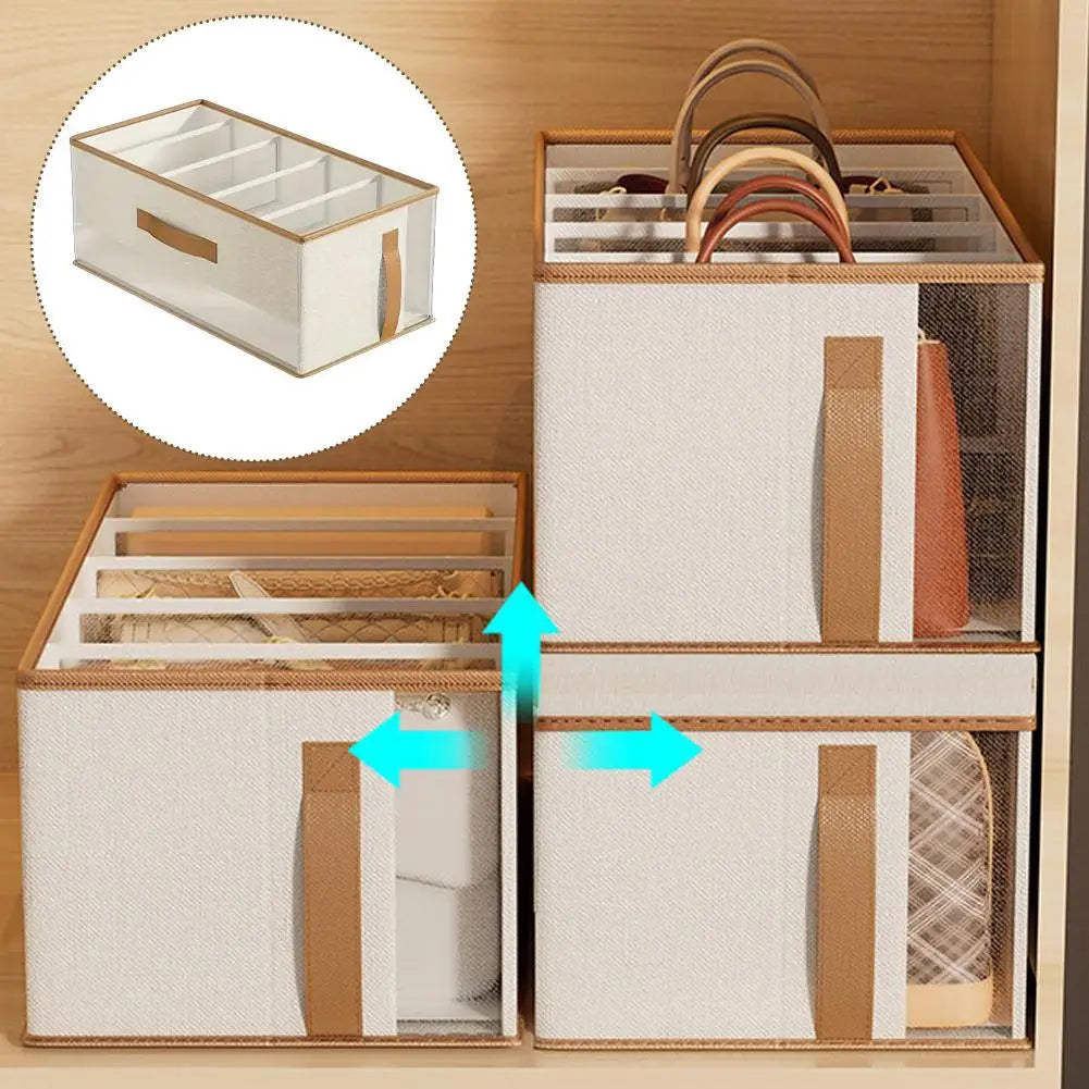Stacked 5-compartment closet purse organizers shown in beige with mesh windows