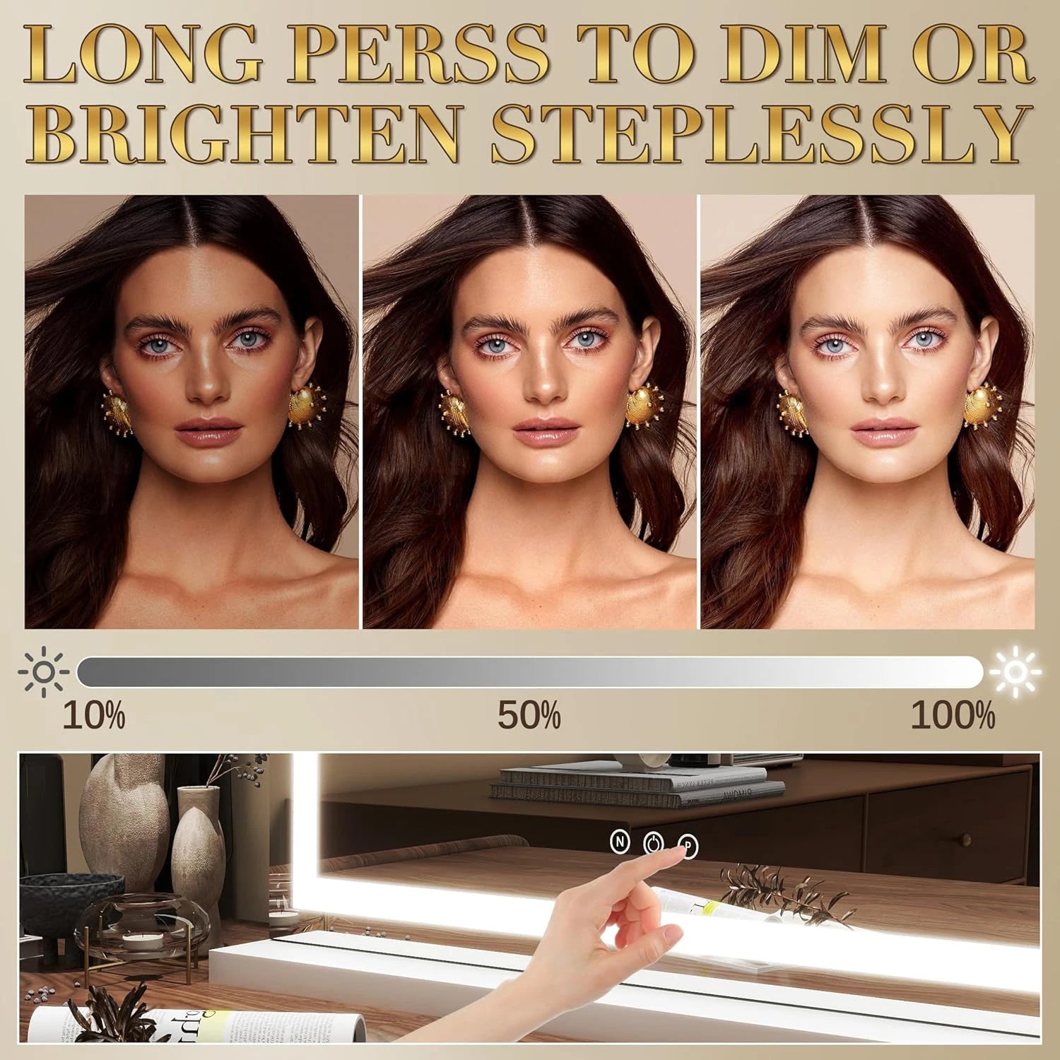 example of adjustable brightness on LED makeup mirror using touch controls