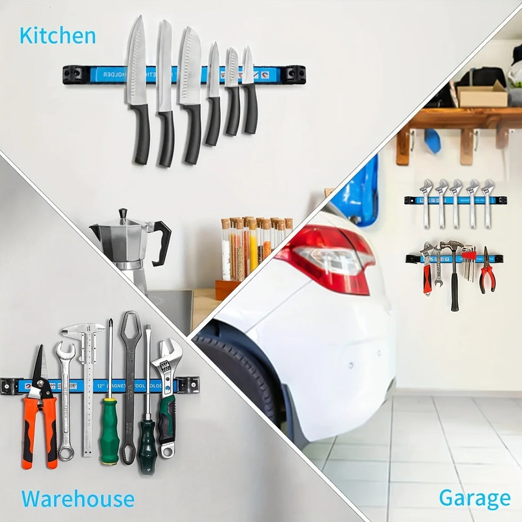 Magnetic tool bar used in kitchen for knives, and in garage and workspace for hand tools, shown wall-mounted in different rooms
