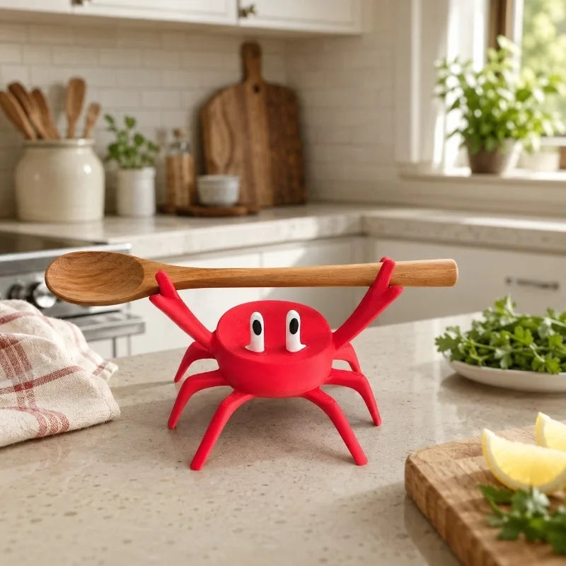 Red crab-shaped spoon rest holding a wooden spoon on a kitchen counter