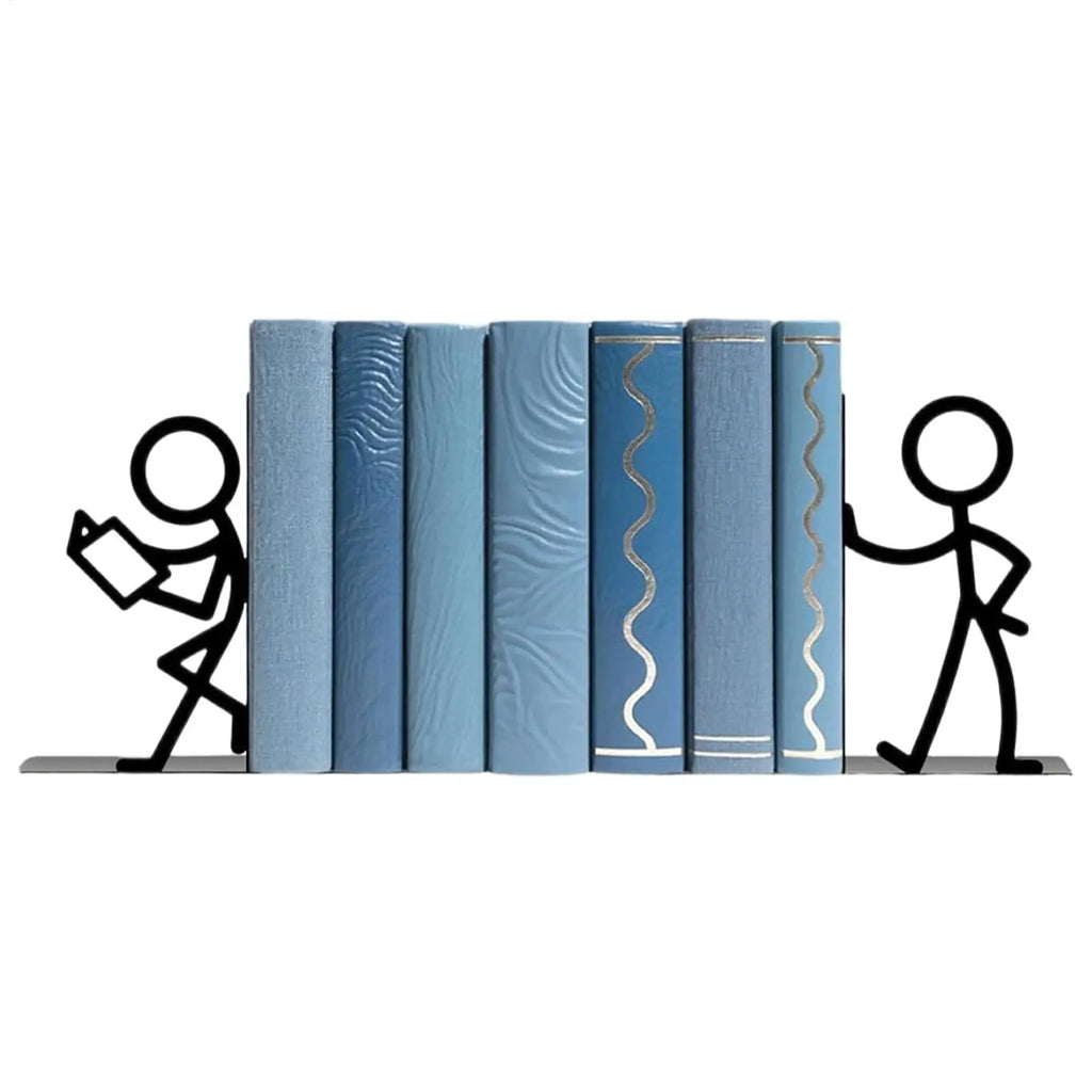 Books stacked upright between two black stick figure bookends on a plain background