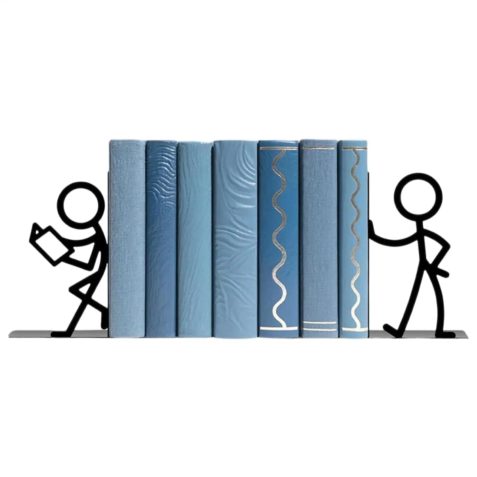 Books stacked upright between two black stick figure bookends on a plain background