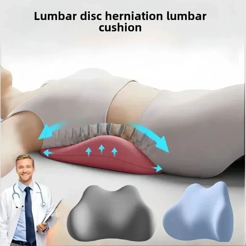 ergonomic lumbar cushion shown supporting lower back while lying down