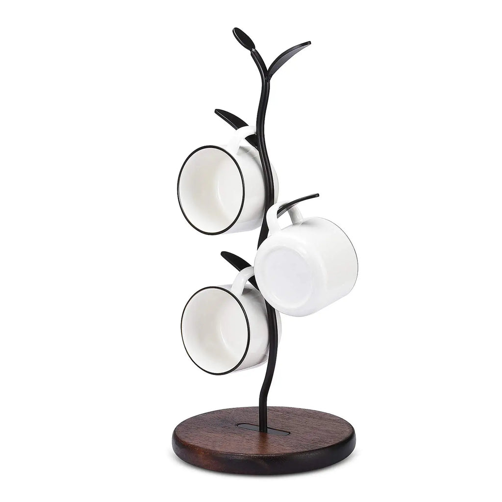Black mug tree stand with wood base displaying three white mugs