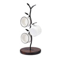 Black mug tree stand with wood base displaying three white mugs