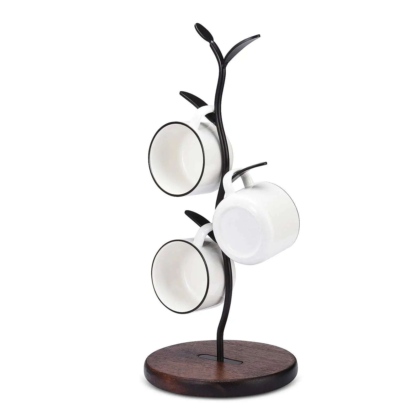 Black mug tree stand with wood base displaying three white mugs