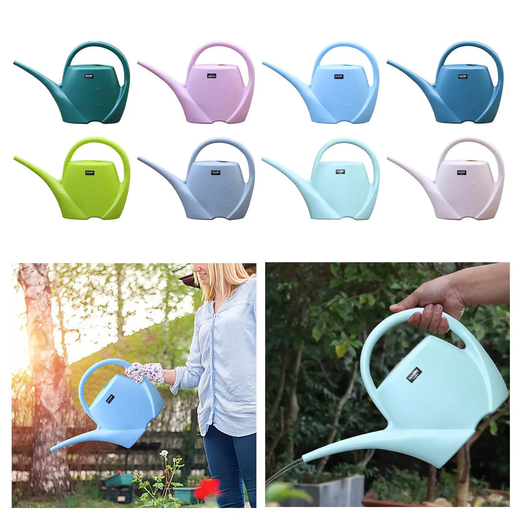 Watering cans shown with close-ups of handle and use in garden setting