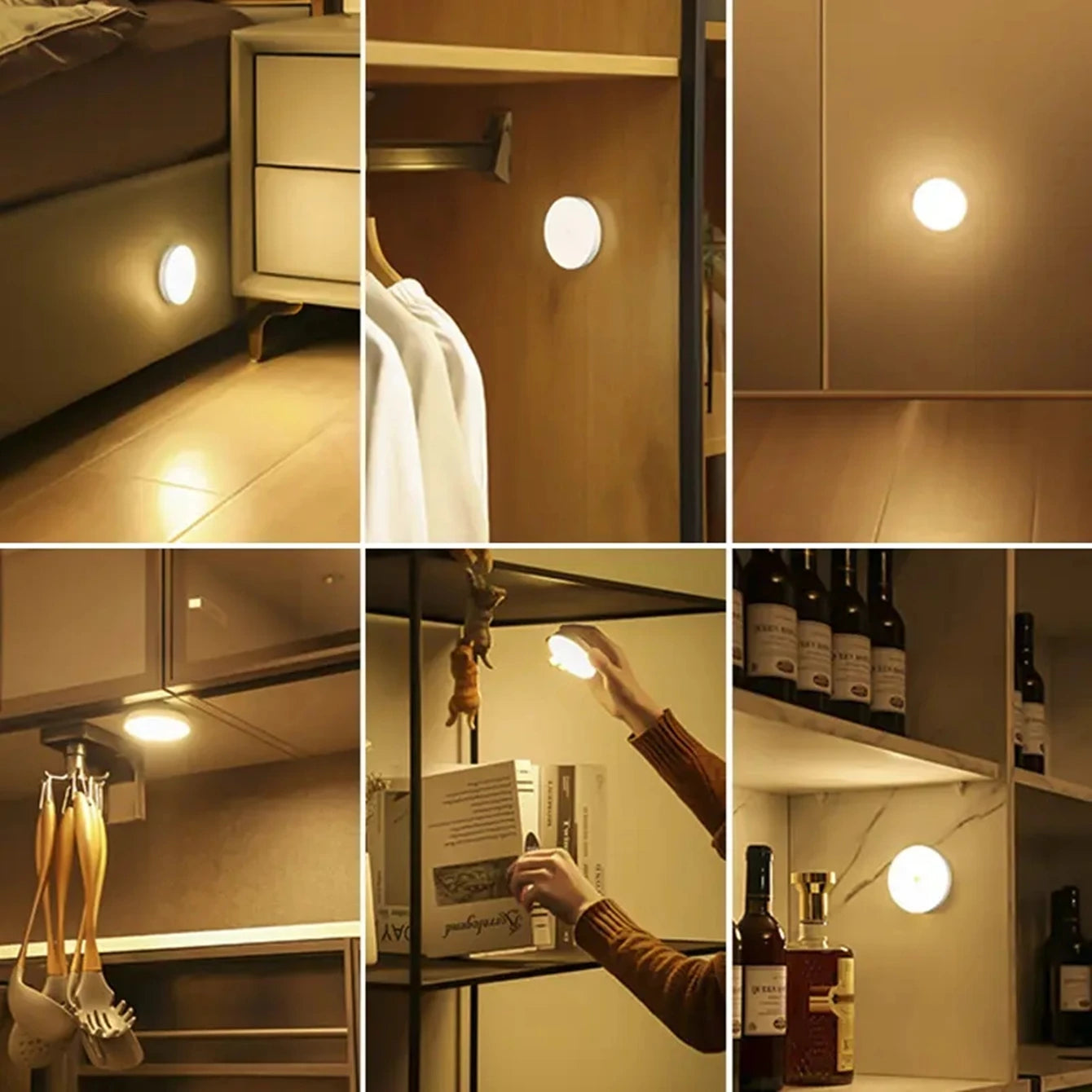 Multiple settings for magnetic LED night light: under bed, in closet, on shelves, and kitchen storage