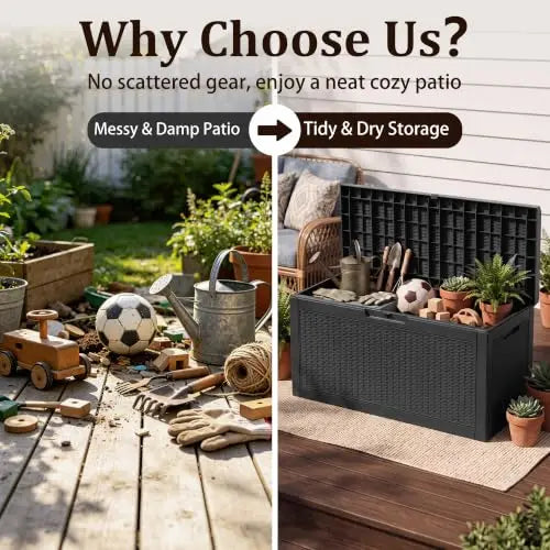 80-Gallon Black Resin Rattan Deck Storage Box with Lockable Lid for Patio, Garden & Backyard Organization