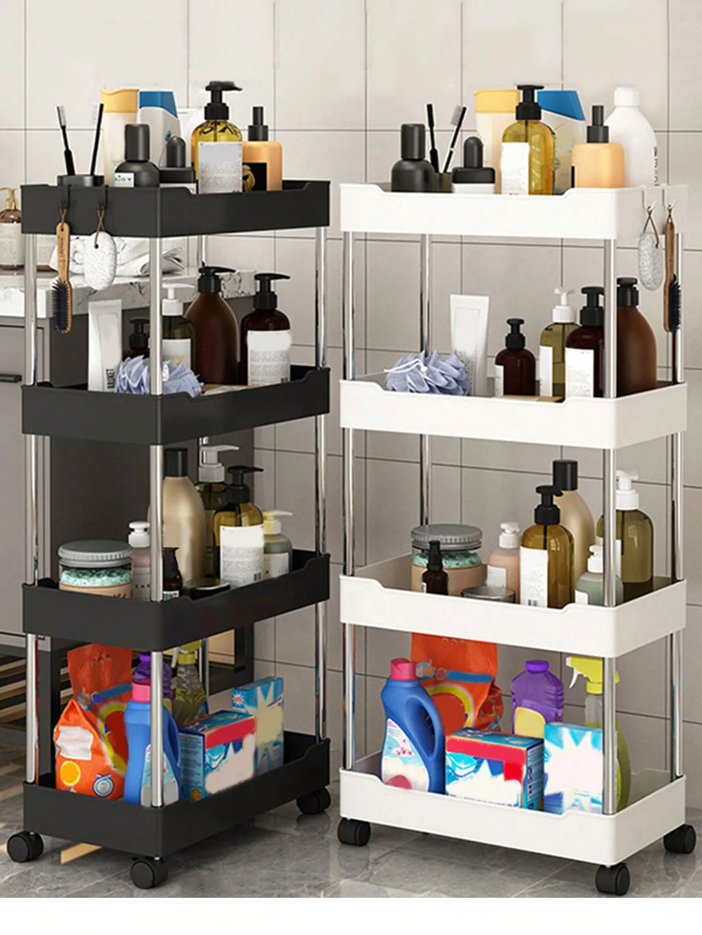 two slim rolling storage carts, one black and one white, both holding bath and cleaning items in a tiled room