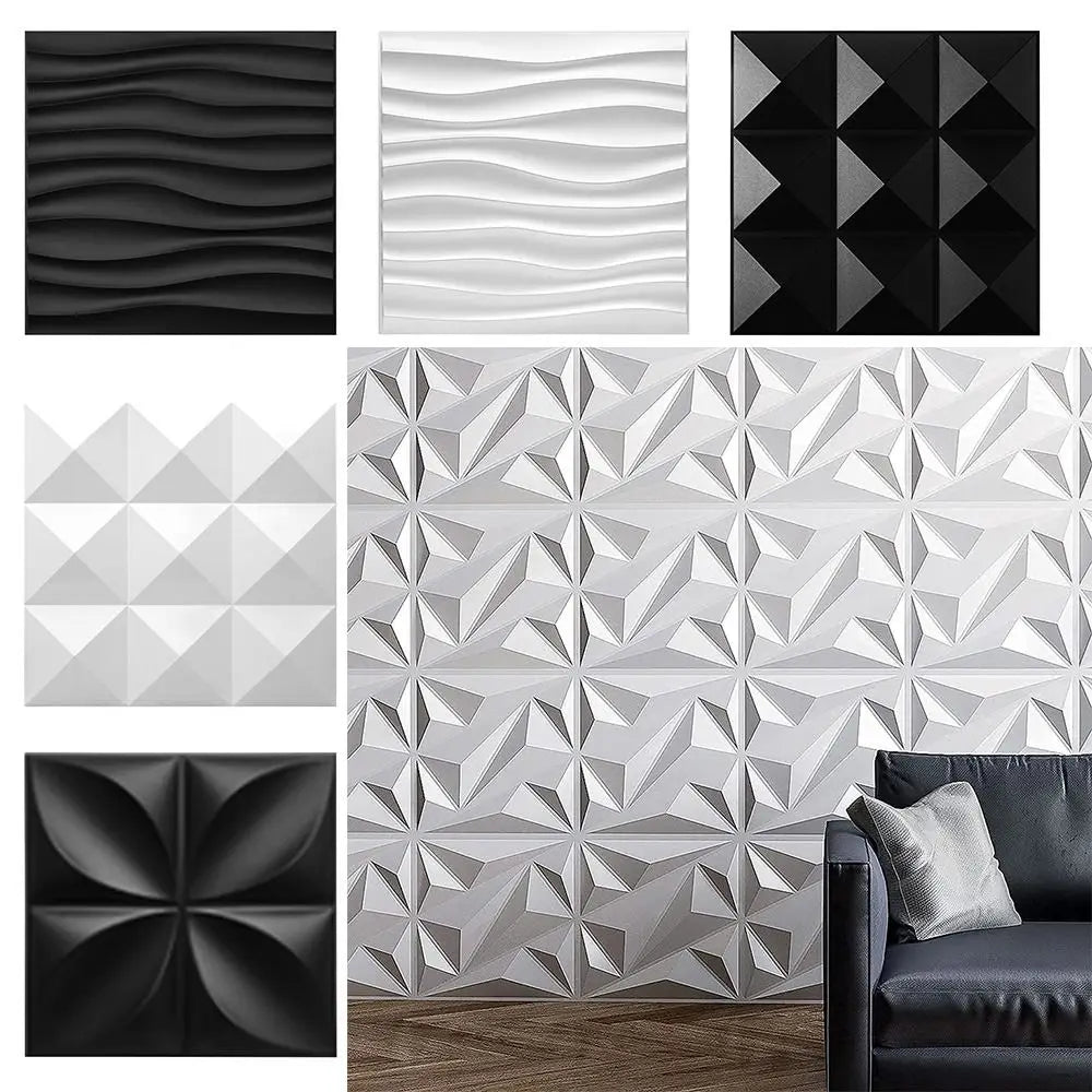 Collage of various black and white 3D wall panels with diamond and wave textures