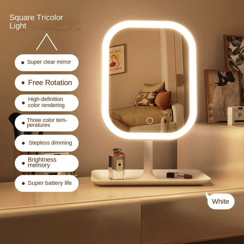 Tri-Color LED Desktop Makeup Mirror with Touch Light for Vanity or Bedroom