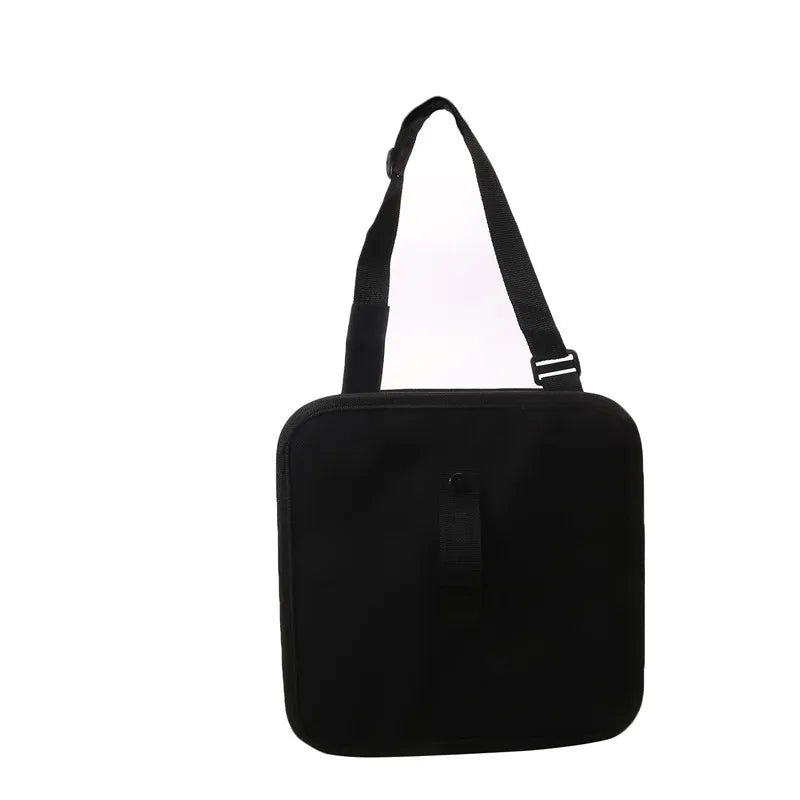 black Oxford cloth car trash bag shown flat with adjustable hanging strap