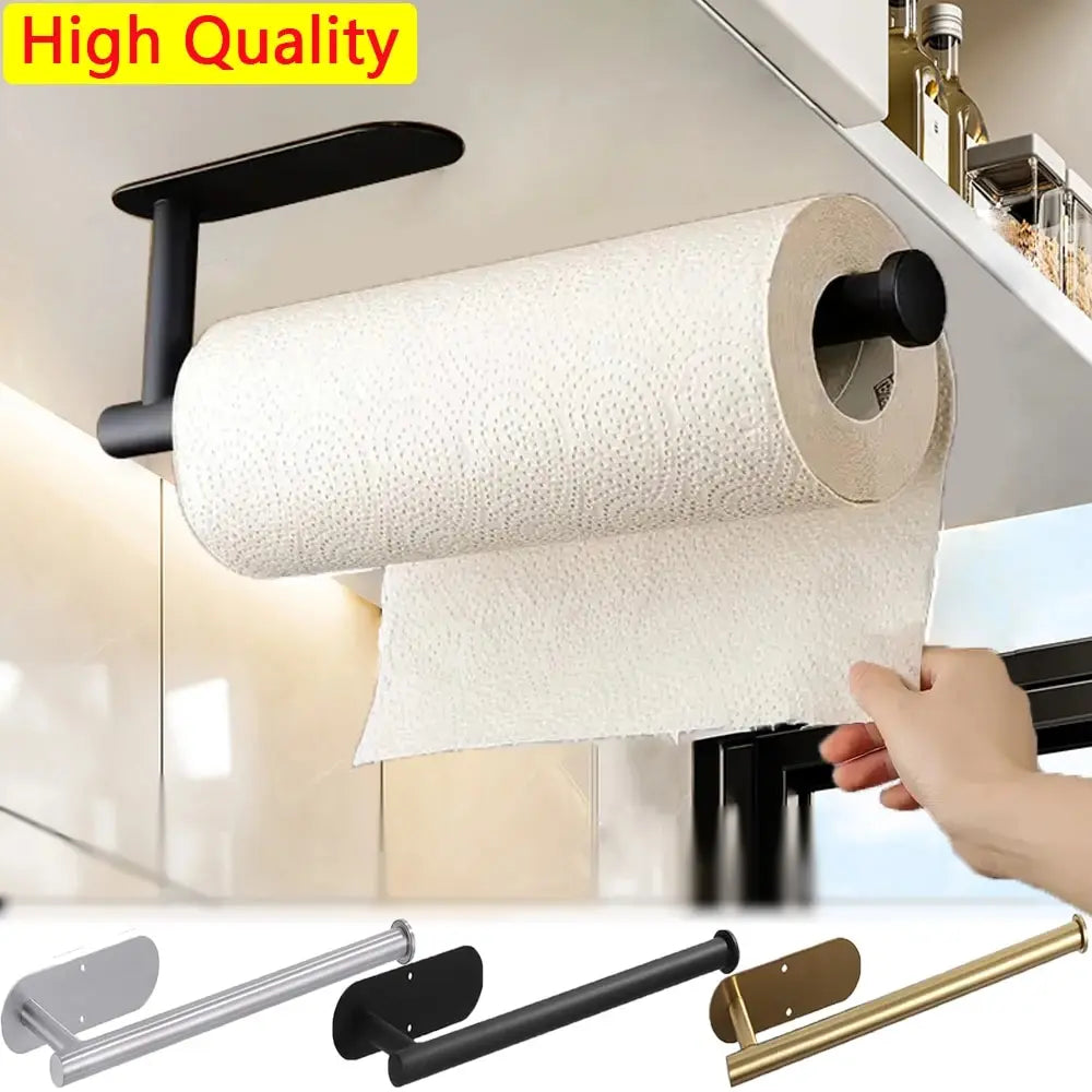 Paper towel holder mounted under a kitchen cabinet, shown in black, silver, and gold colors