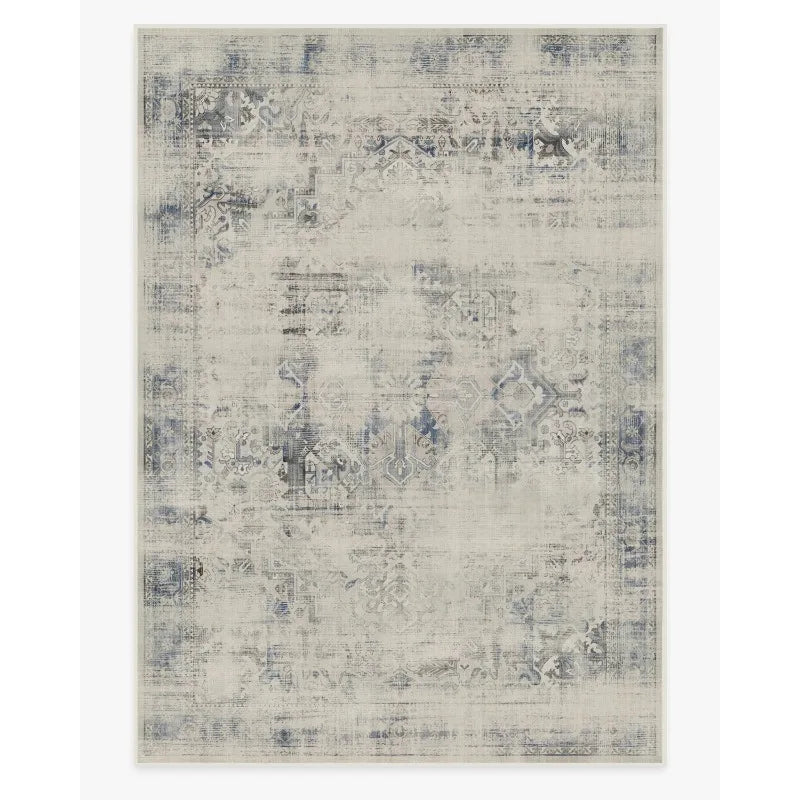 Light faded Persian-style area rug with subtle blue accents