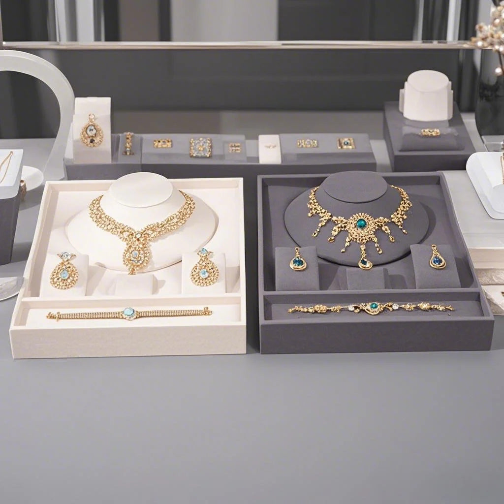 Velvet jewelry trays in beige and gray displaying necklaces, earrings, and bracelets on a dresser