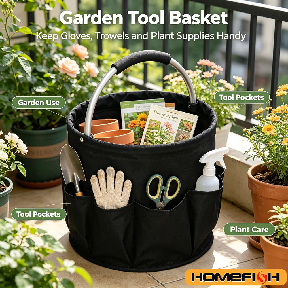 Garden tool organizer basket with gloves, trowels, and seed packets on a patio