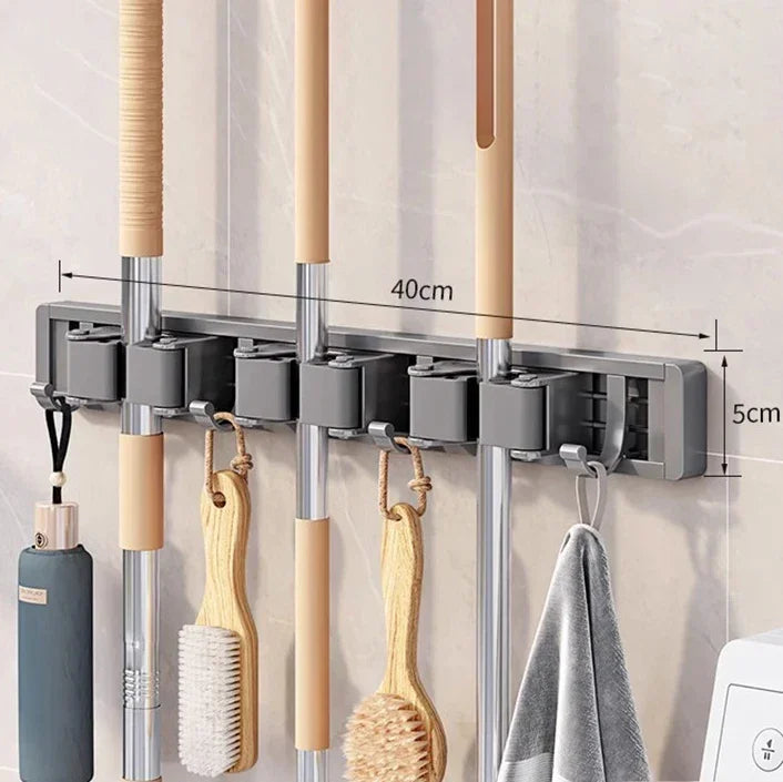 Wall-Mounted Mop & Broom Holder Rack with Adjustable Hooks
