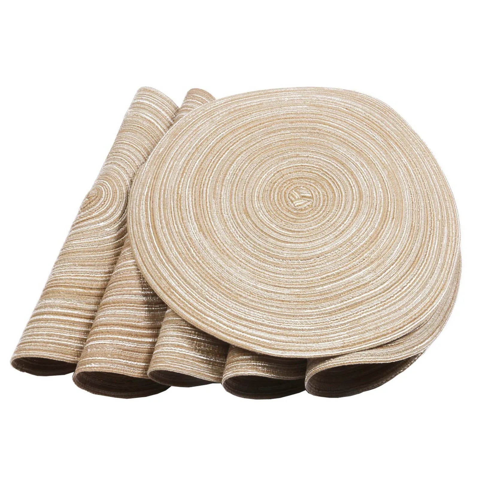 Set of four round neutral woven placemats, stacked on a white surface