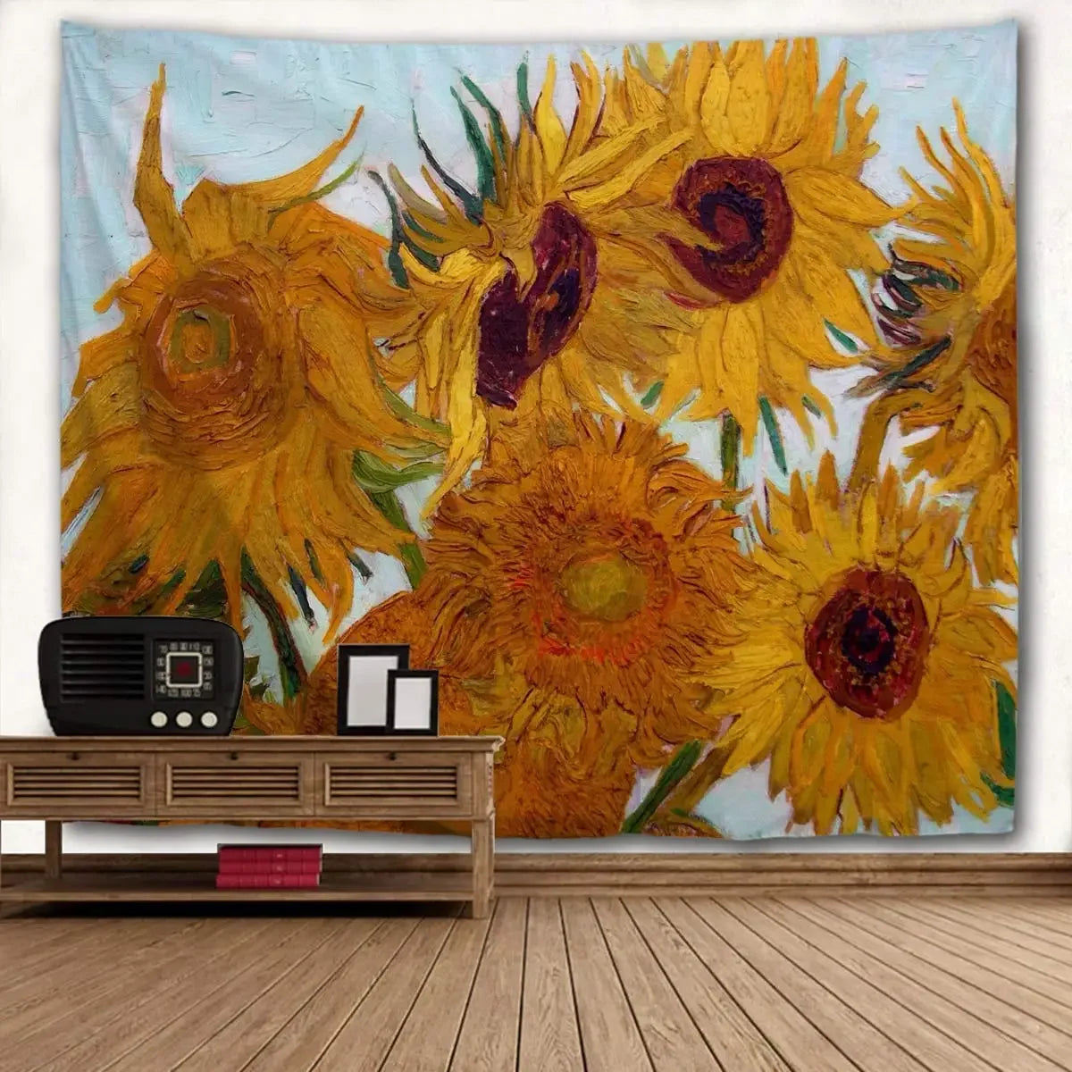 Sunflower-themed Van Gogh tapestry as vibrant wall art above a rustic console