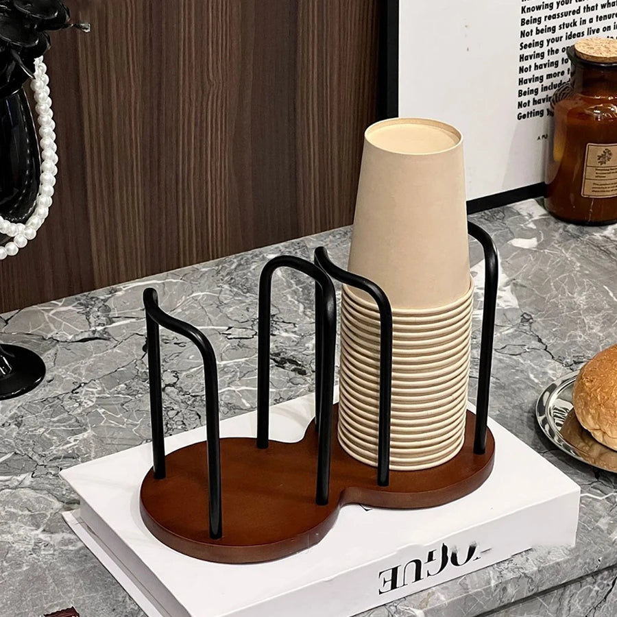 Bamboo & Wood Countertop Disposable Cup Holder Rack for Living Room or Coffee Bar