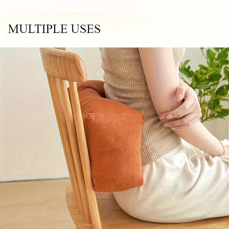 Orange lumbar support cushion shown against a wooden chair with text 'Multiple Uses'