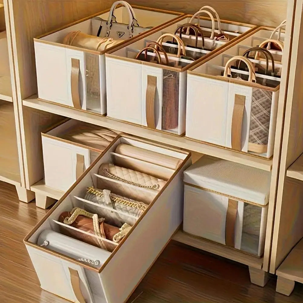 Closet shelves organized with multiple beige purse storage bins, each with divided compartments