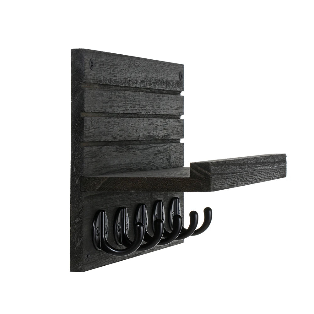 Wall-Mounted Wooden Key and Mail Holder Shelf with 5 Hooks for Entryway Organization