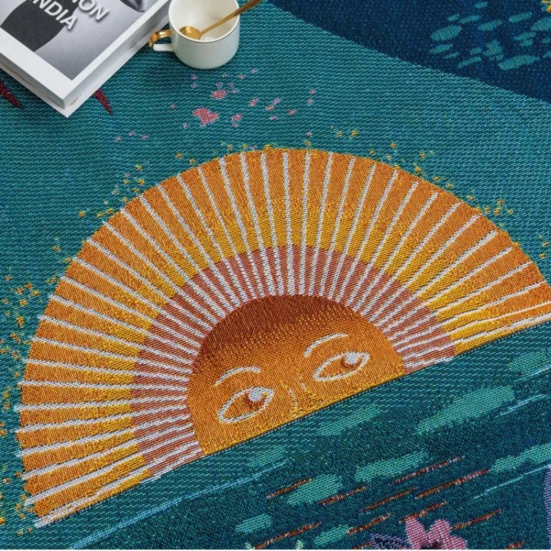Close-up of the sun motif and woven texture on tapestry throw