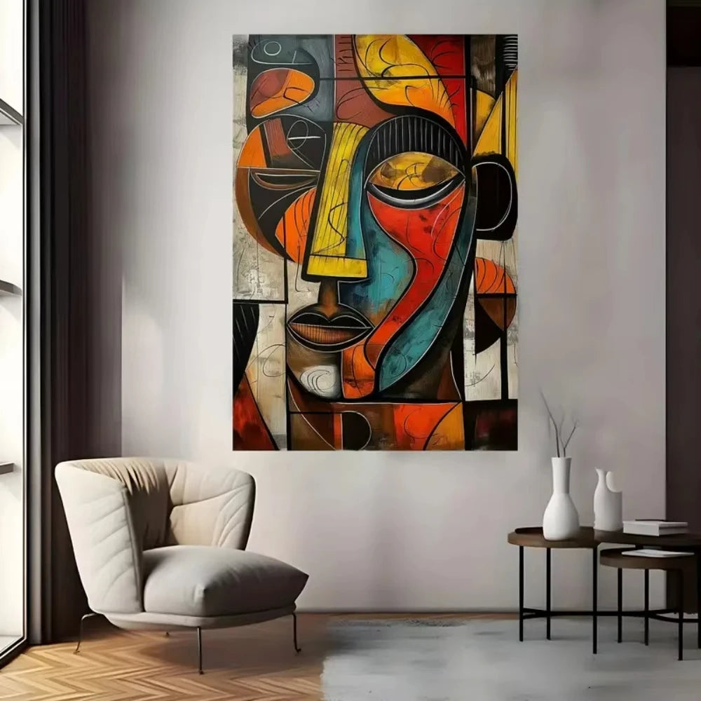 Minimalist room with abstract face tapestry wall art above a soft accent chair