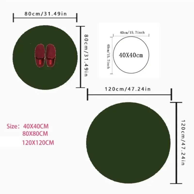 Diagram showing three round rug sizes: 40cm, 80cm, and 120cm diameter
