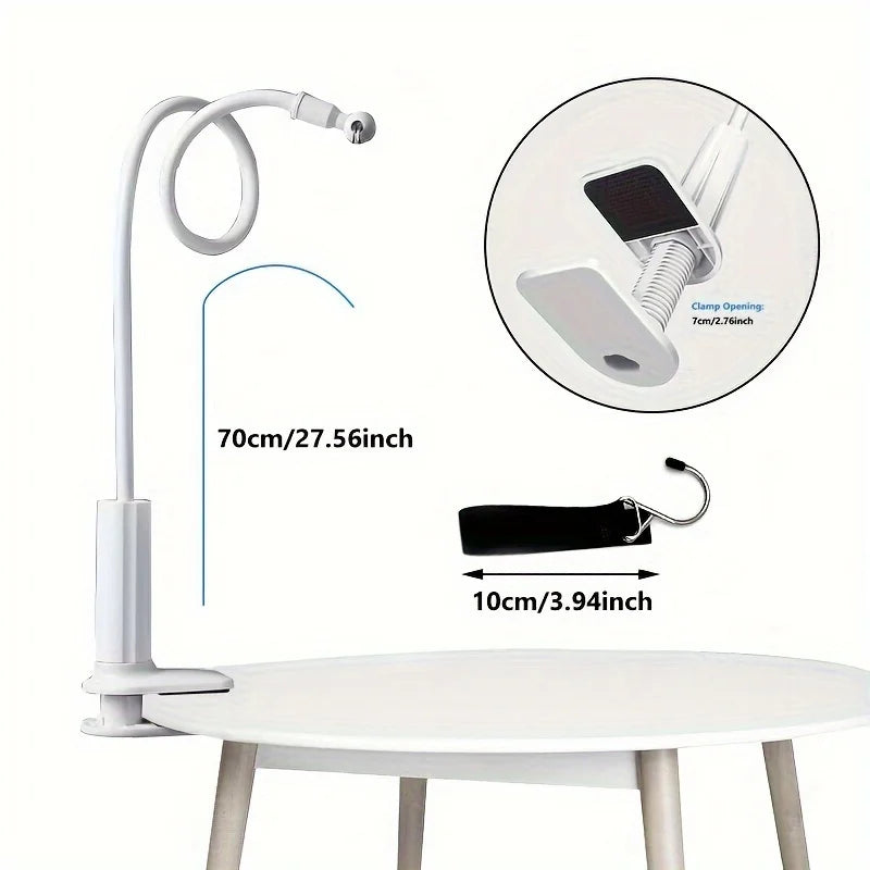 Adjustable CPAP hose holder with clamp shown on a table, measurement detail visible