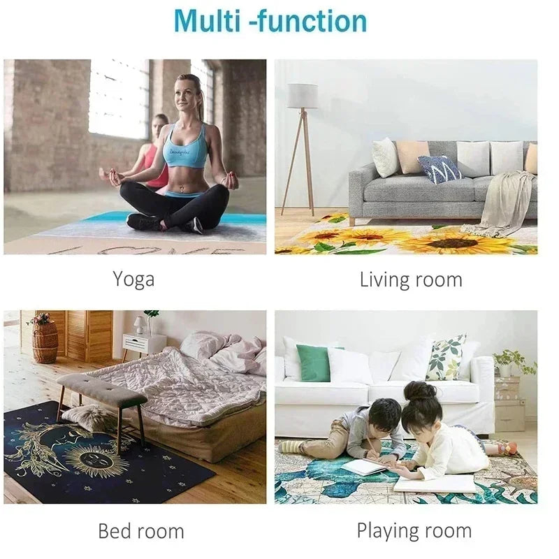 Multipurpose use of area rug for yoga, living room, bedroom, and play area