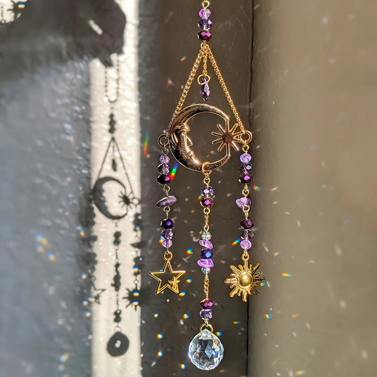 Astrid Celestial Crystal Suncatcher – Moon & Sun Hanging Window Decor