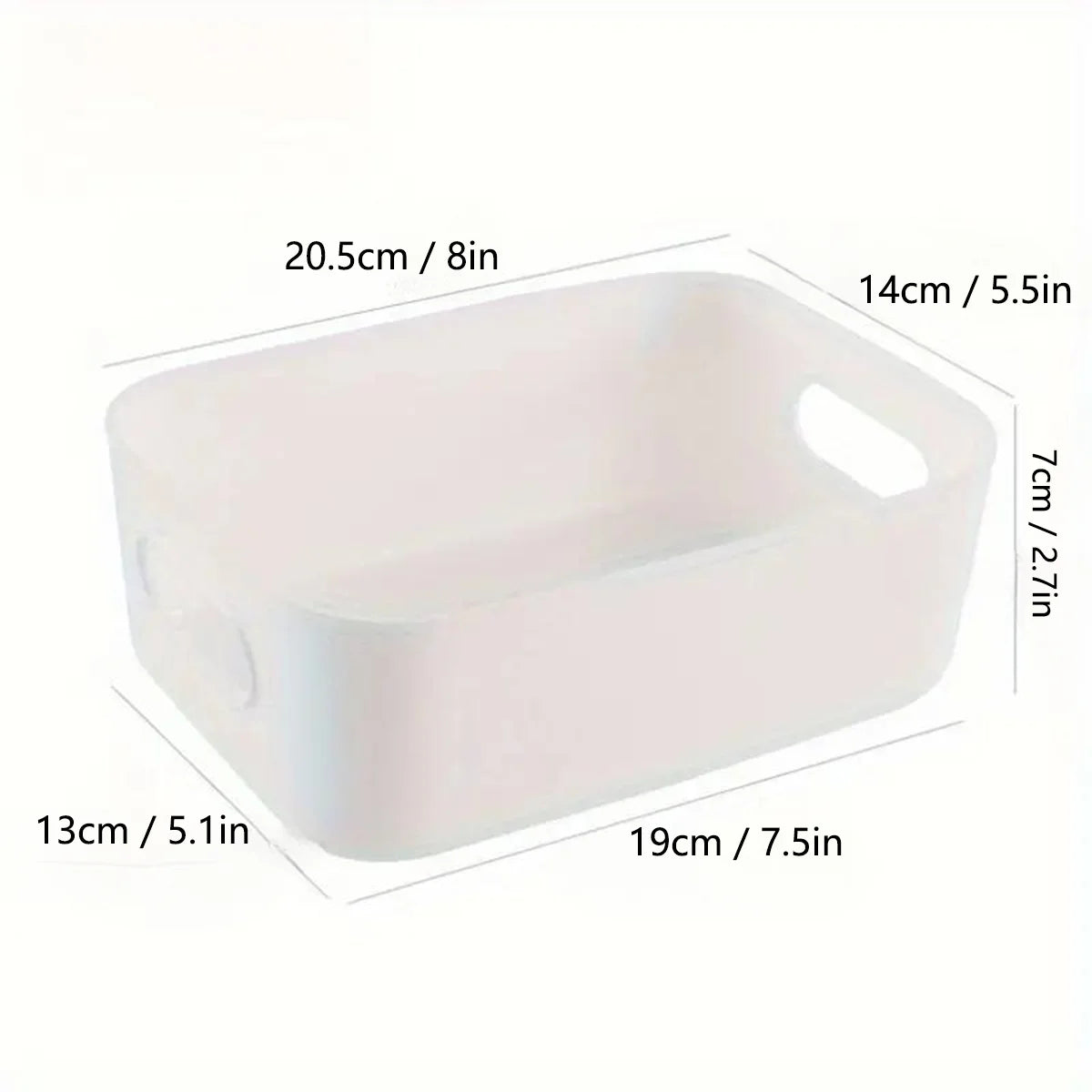 Dimensions of the plastic storage bin shown: 20.5cm x 14cm x 7cm (8in x 5.5in x 2.7in)