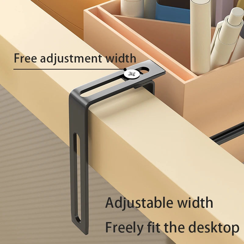 Close-up of adjustable black metal hook for attaching the mesh organizer to a desk edge