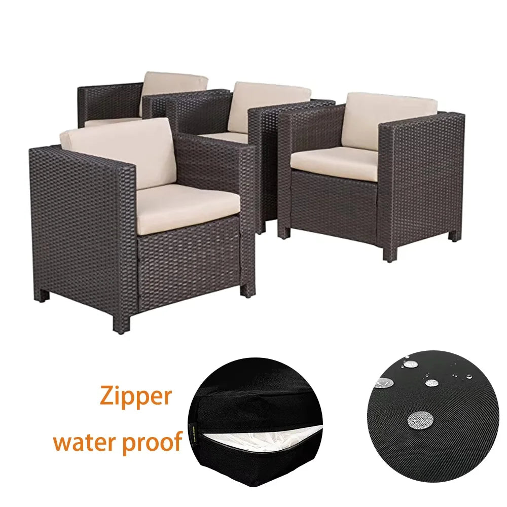 Set of four outdoor chairs with beige cushions and close-up of a black zippered waterproof cushion cover